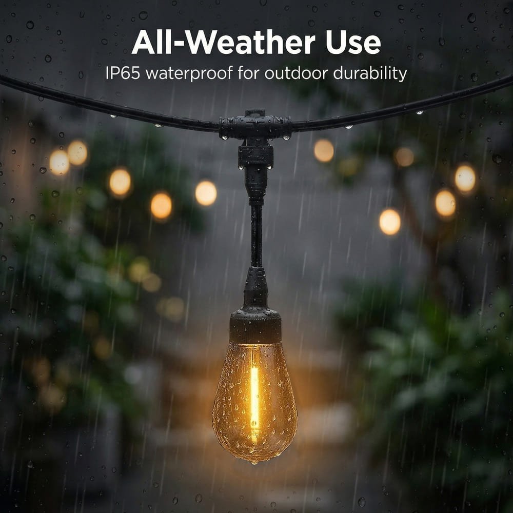 Heavy duty IP65 waterproof S14 LED bulb glowing in rain for outdoor string lights