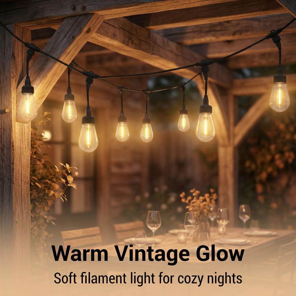 Commercial grade S14 string lights creating warm vintage ambiance for outdoor patio dining