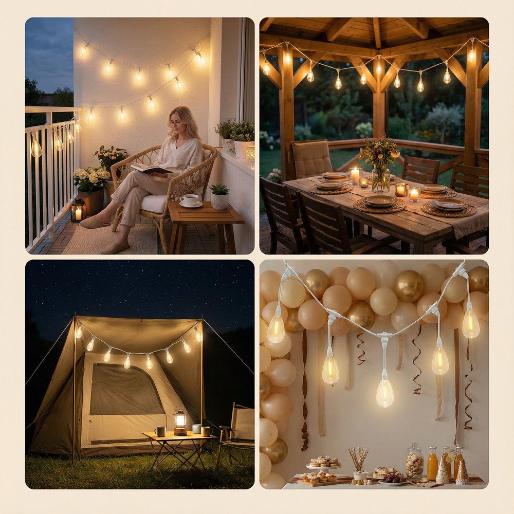 Versatile white commercial S14 string lights for balcony, patio, camping, and party events