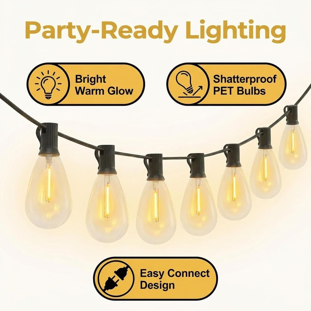 Party-ready LED string lights featuring shatterproof PET bulbs, warm glow, and easy connect design