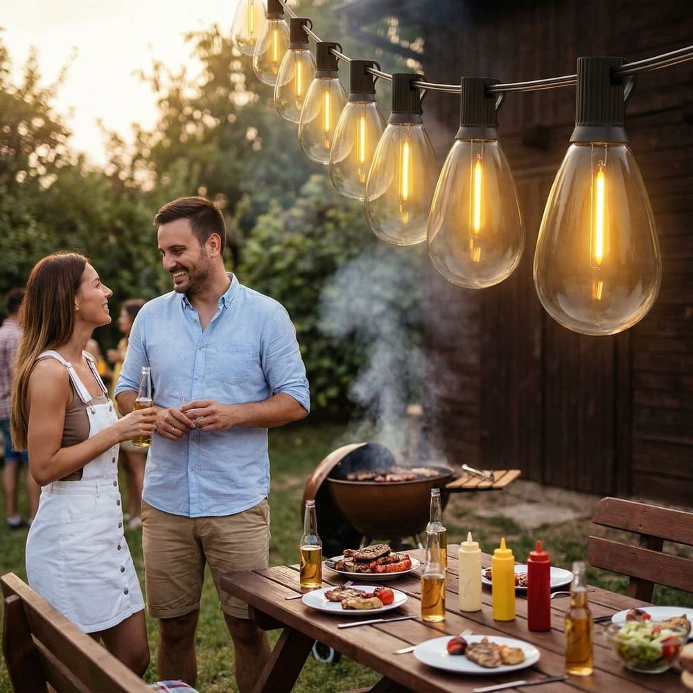 Outdoor LED string lights with S14 bulbs illuminating backyard barbecue party atmosphere