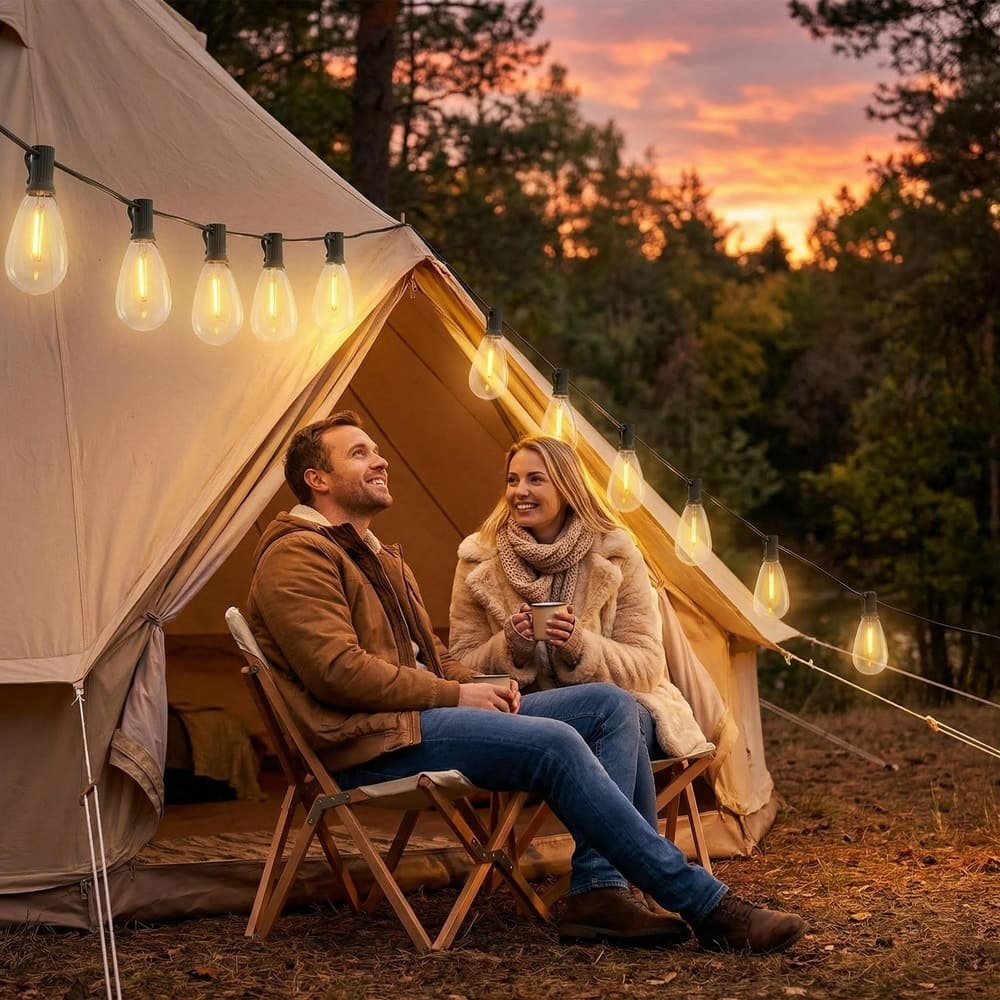 Waterproof S14 LED string lights creating warm ambiance for outdoor camping tents