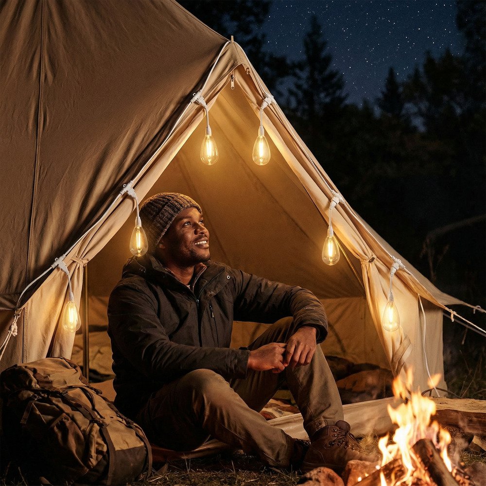 White waterproof S14 string lights hanging on camping tent creating warm outdoor ambience