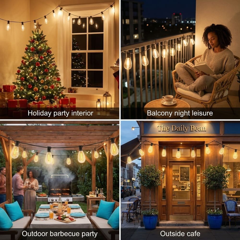 S14 LED string lights used for holiday interior, balcony leisure, outdoor barbecue, and commercial cafe