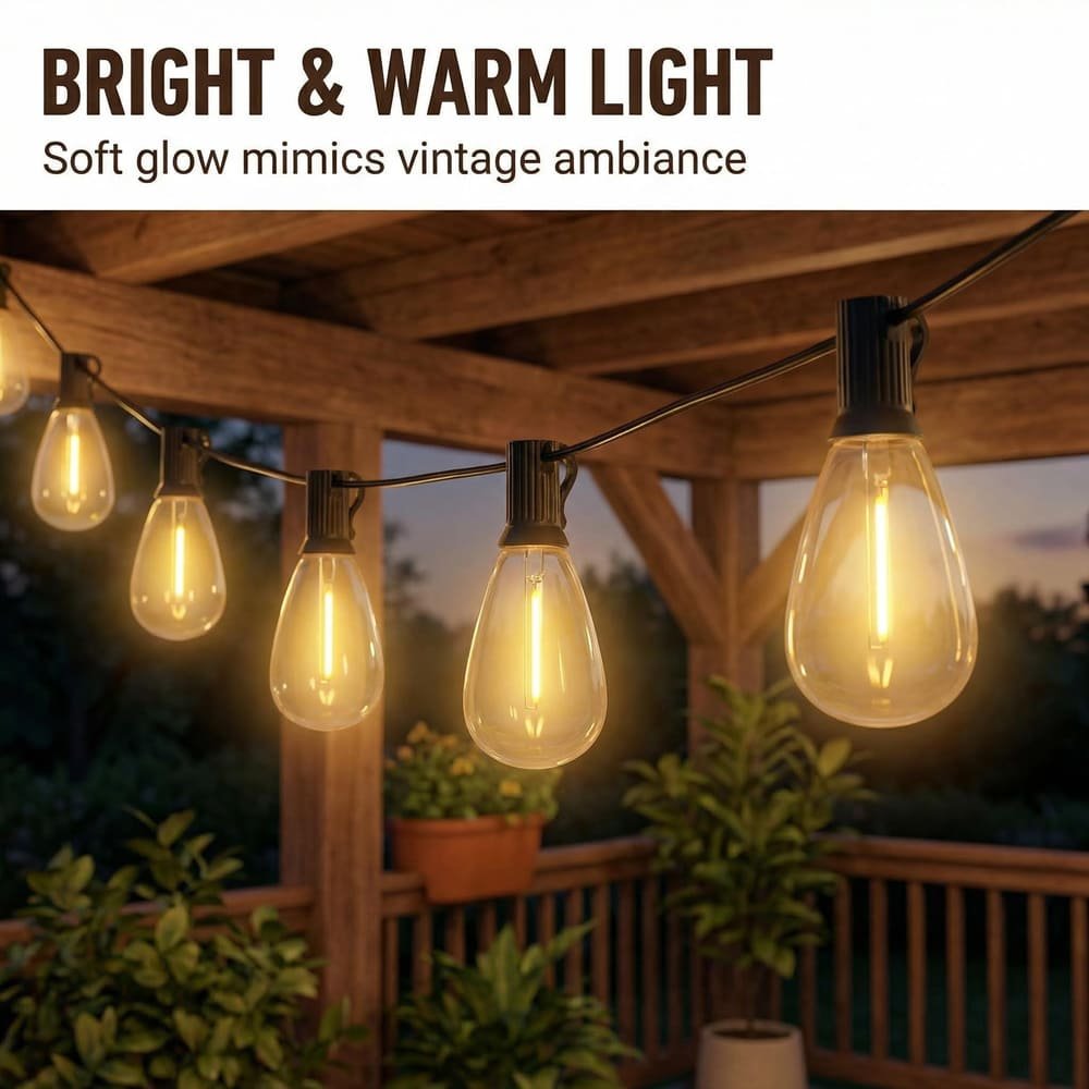 Bright warm S14 LED string lights creating vintage ambiance on outdoor patio