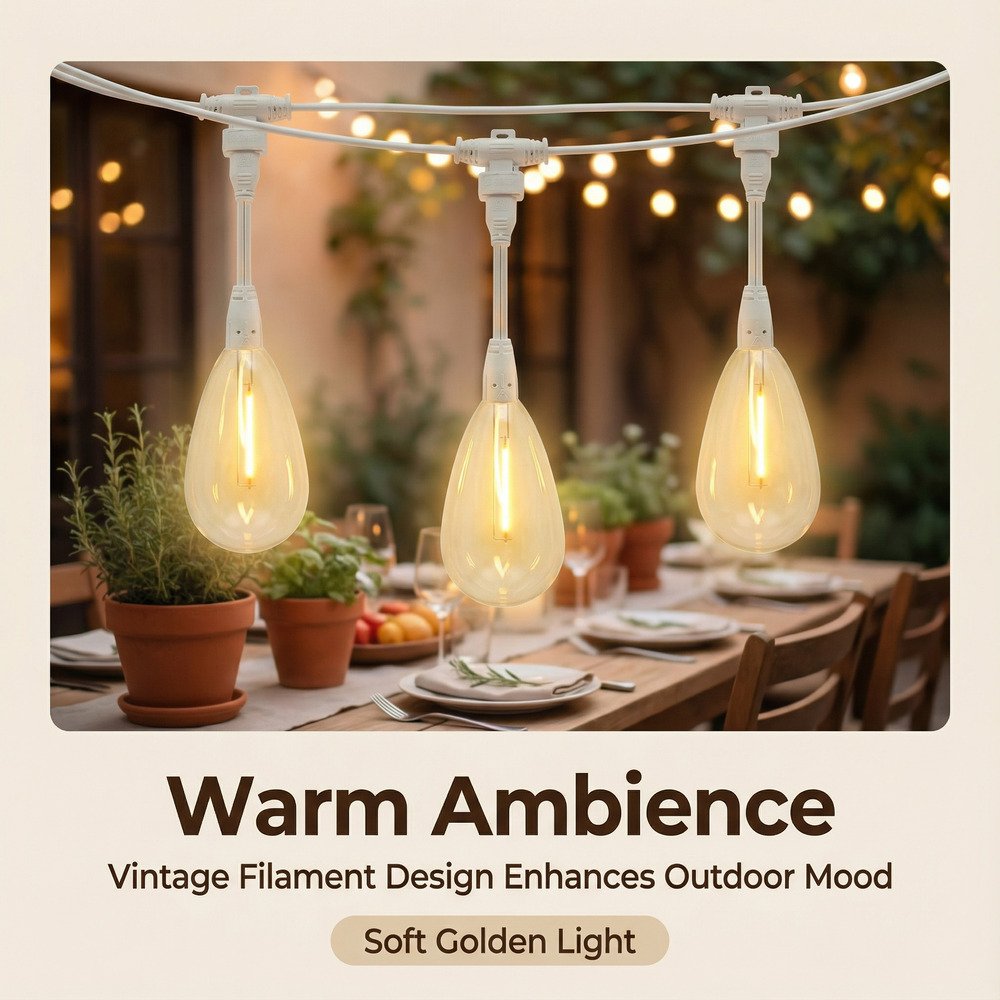 White commercial S14 LED string lights with vintage filaments creating warm outdoor dining ambience