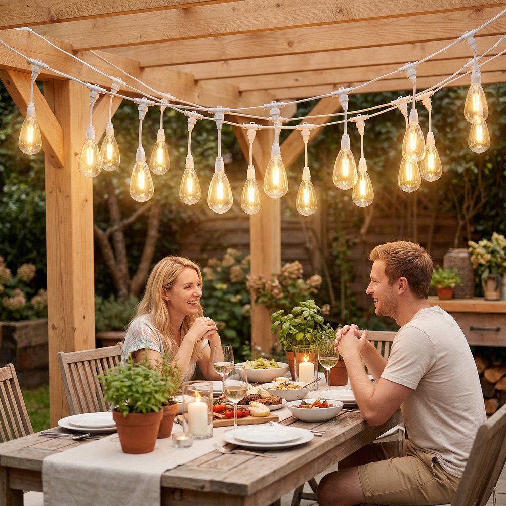 White commercial S14 string lights illuminating wooden pergola for warm outdoor dining ambience