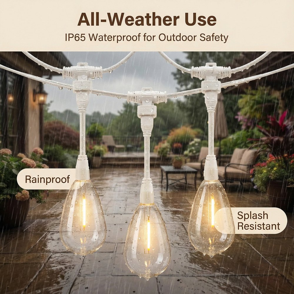 White IP65 waterproof commercial S14 string lights resisting heavy rain outdoors
