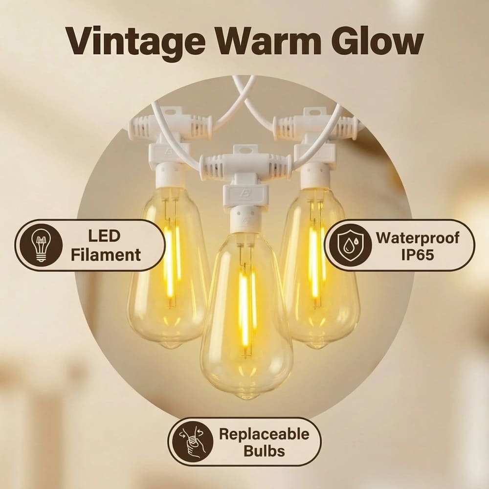 Infographic highlighting IP65 waterproof rating, vintage warm glow, and replaceable bulbs for ST38 string lights