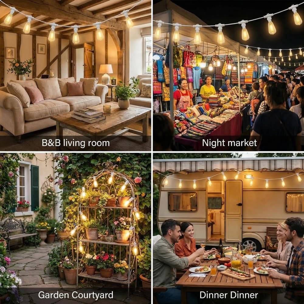 Versatile LED string light applications for B&B, night markets, gardens, and RV camping dining