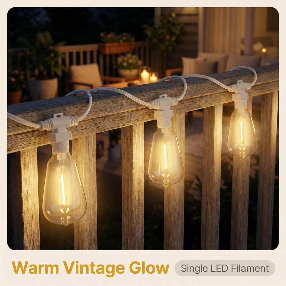 Warm vintage glow ST38 LED string lights on deck railing with single filament bulb