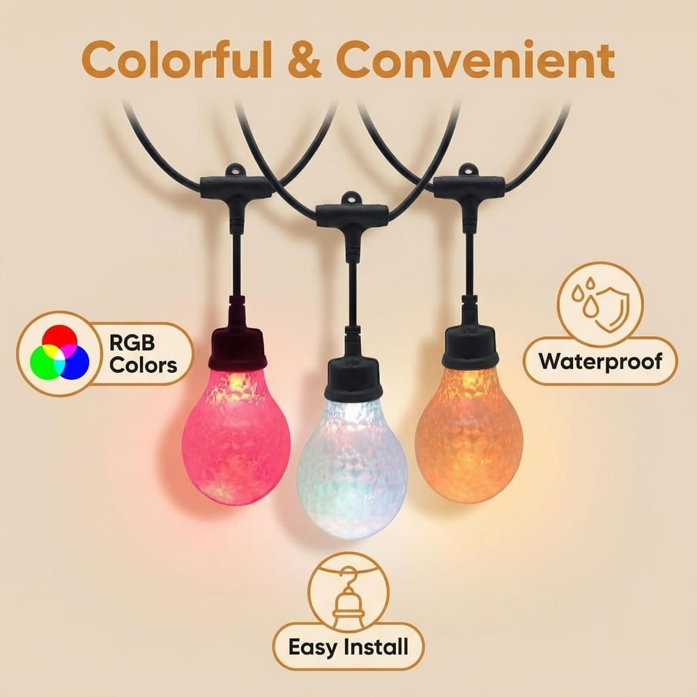 Commercial waterproof RGB drop pendant string lights featuring easy installation and colorful shatterproof bulbs
