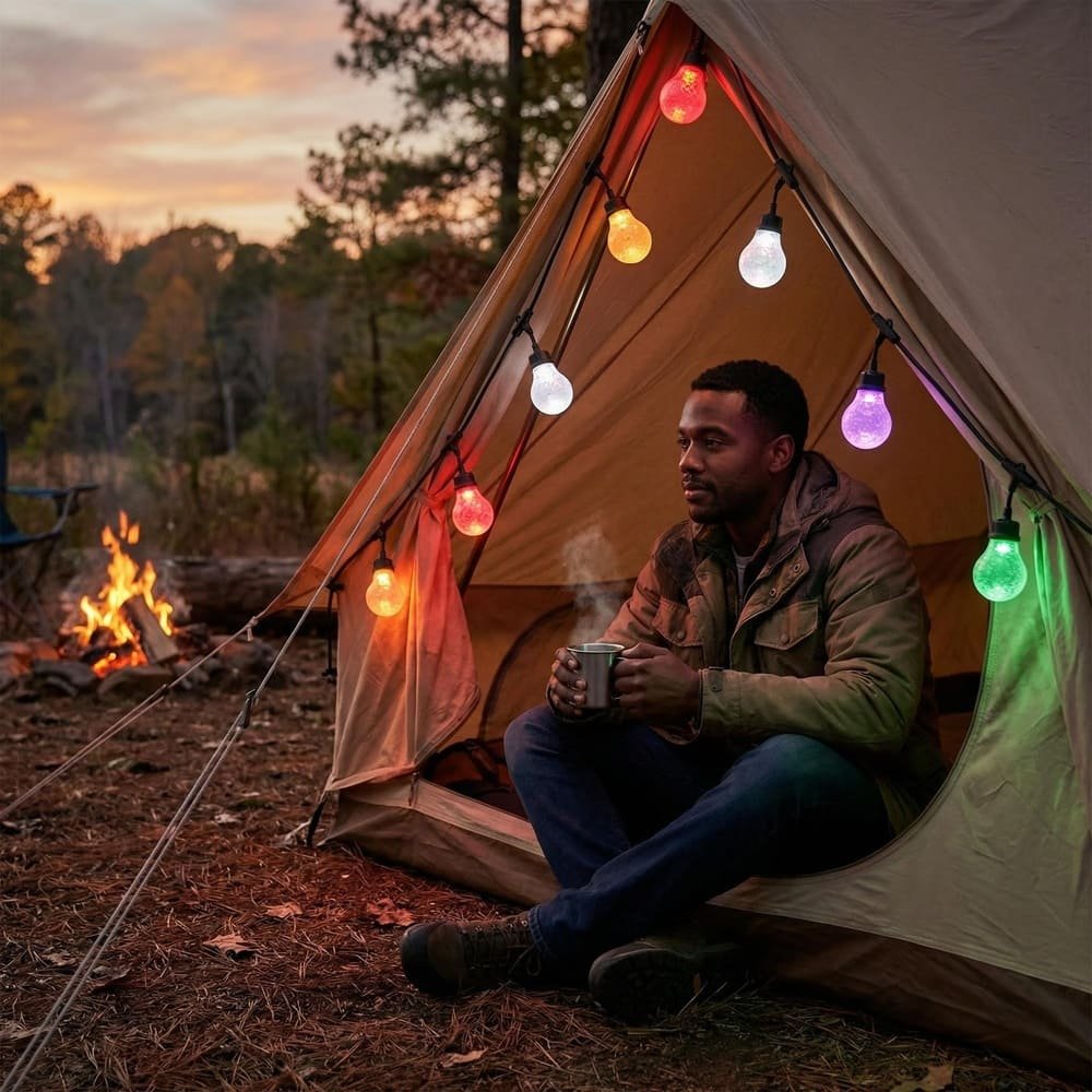 Waterproof colorful LED string lights decorating a camping tent entrance for outdoor durability