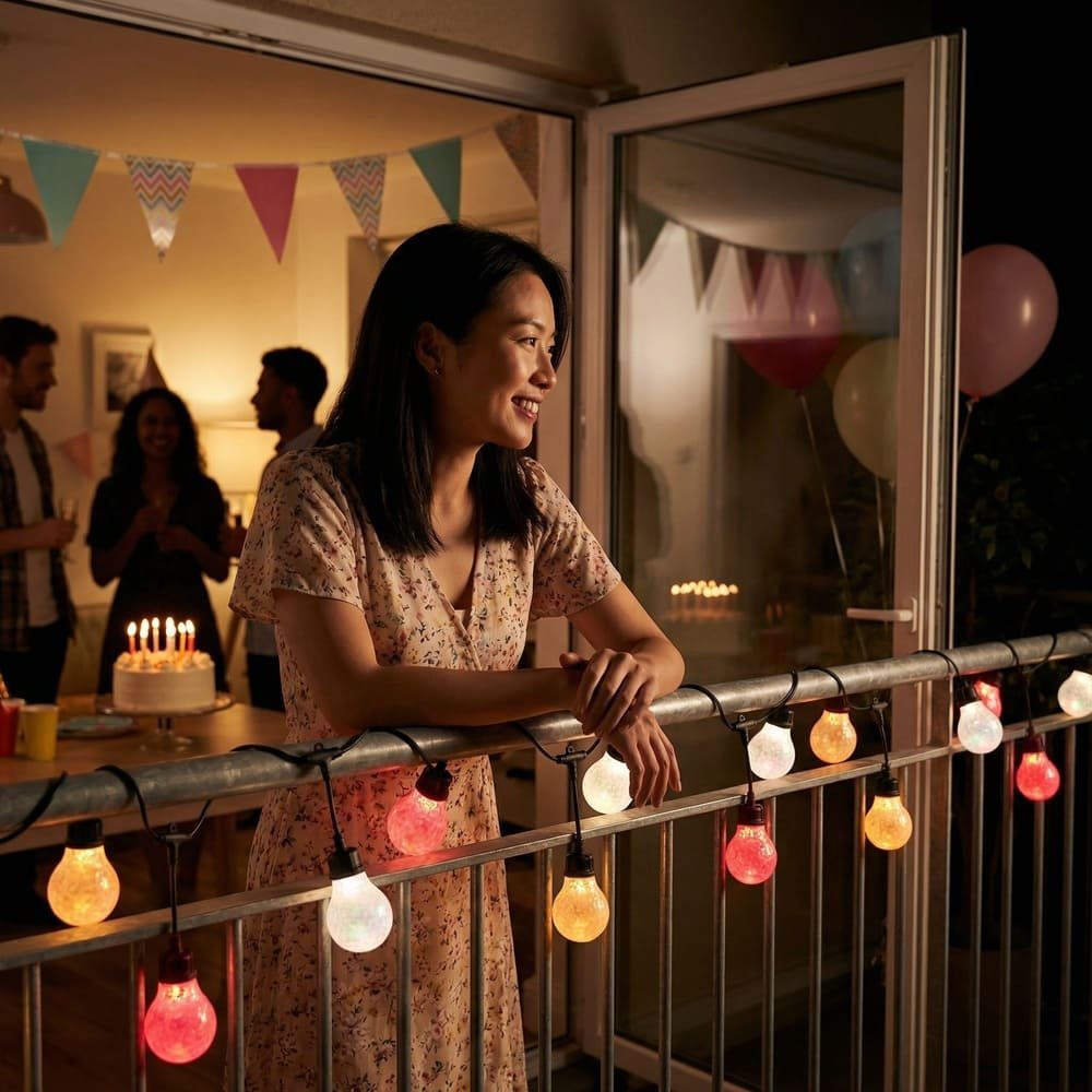 Multicolor RGB string lights decorating balcony railing for festive birthday party atmosphere