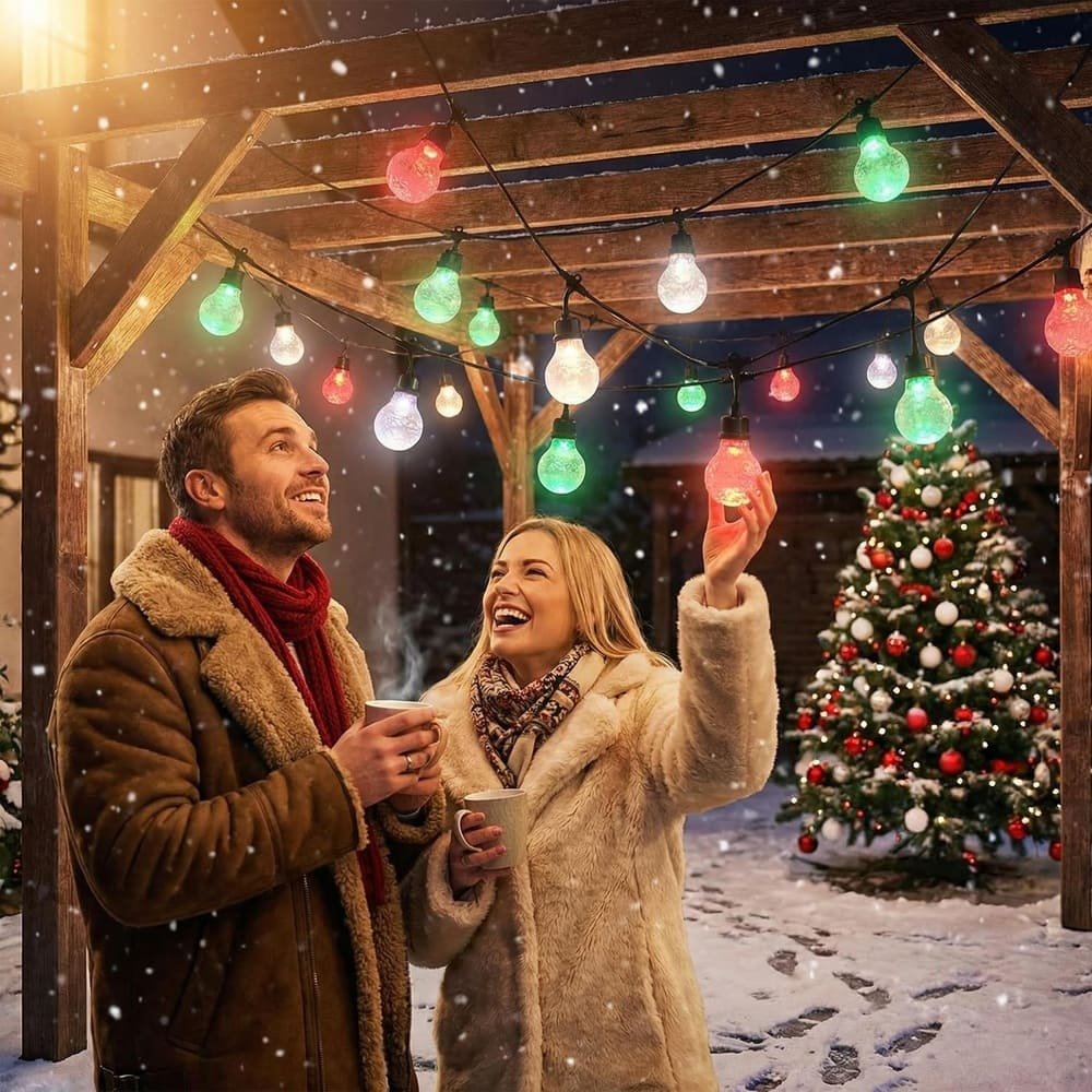 Festive commercial waterproof RGB string lights decorating a snowy outdoor Christmas scene