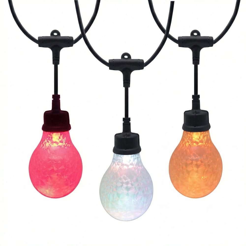 Commercial A19 RGB drop pendant string lights with suspended sockets and milky shatterproof bulbs