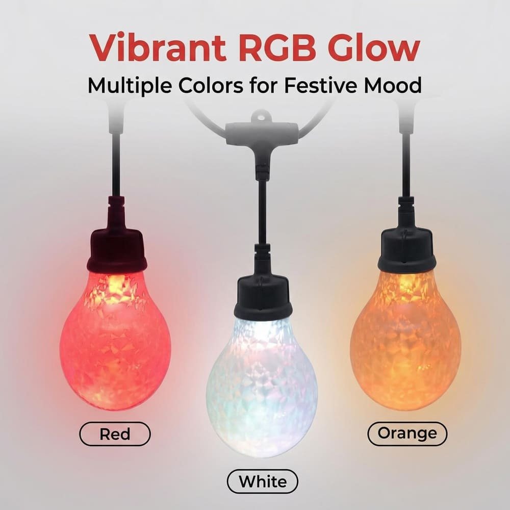 Vibrant RGB commercial A19 pendant string lights displaying red, white, and orange colors
