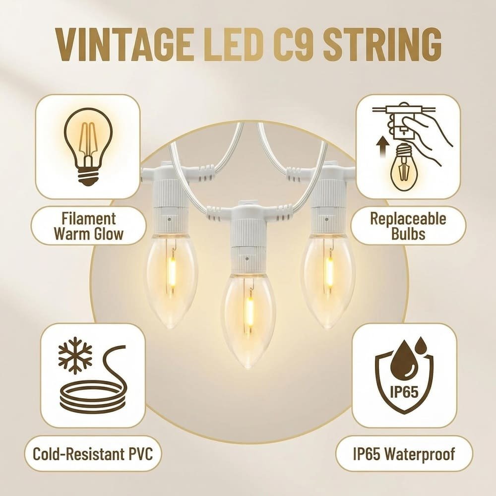 Vintage C9 LED string light infographic showing IP65 waterproof, cold-resistant PVC, and replaceable bulbs