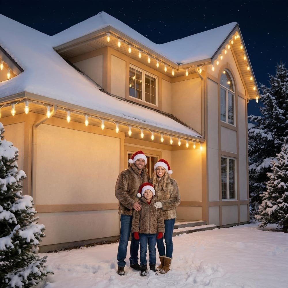 Warm white C9 LED string lights installed on residential roofline for Christmas decoration