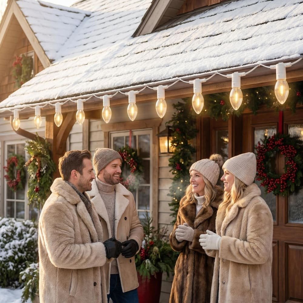 Warm white C9 LED string lights decorating residential roofline for snowy winter holidays