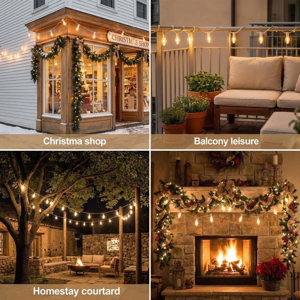Collage of C9 LED string lights used in commercial shops, patios, courtyards, and interiors