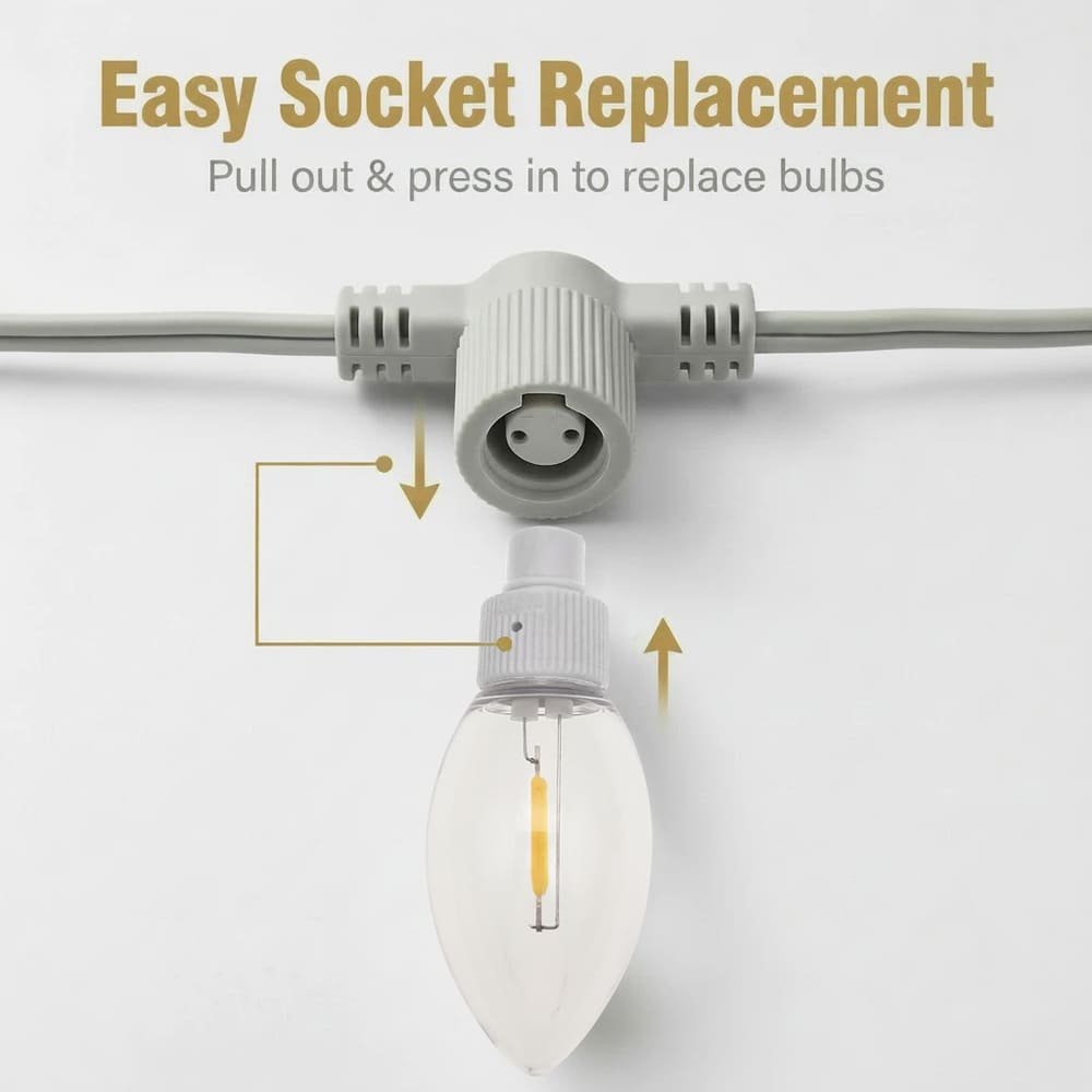 Easy press-in socket design for quick replacement of commercial C9 LED bulbs