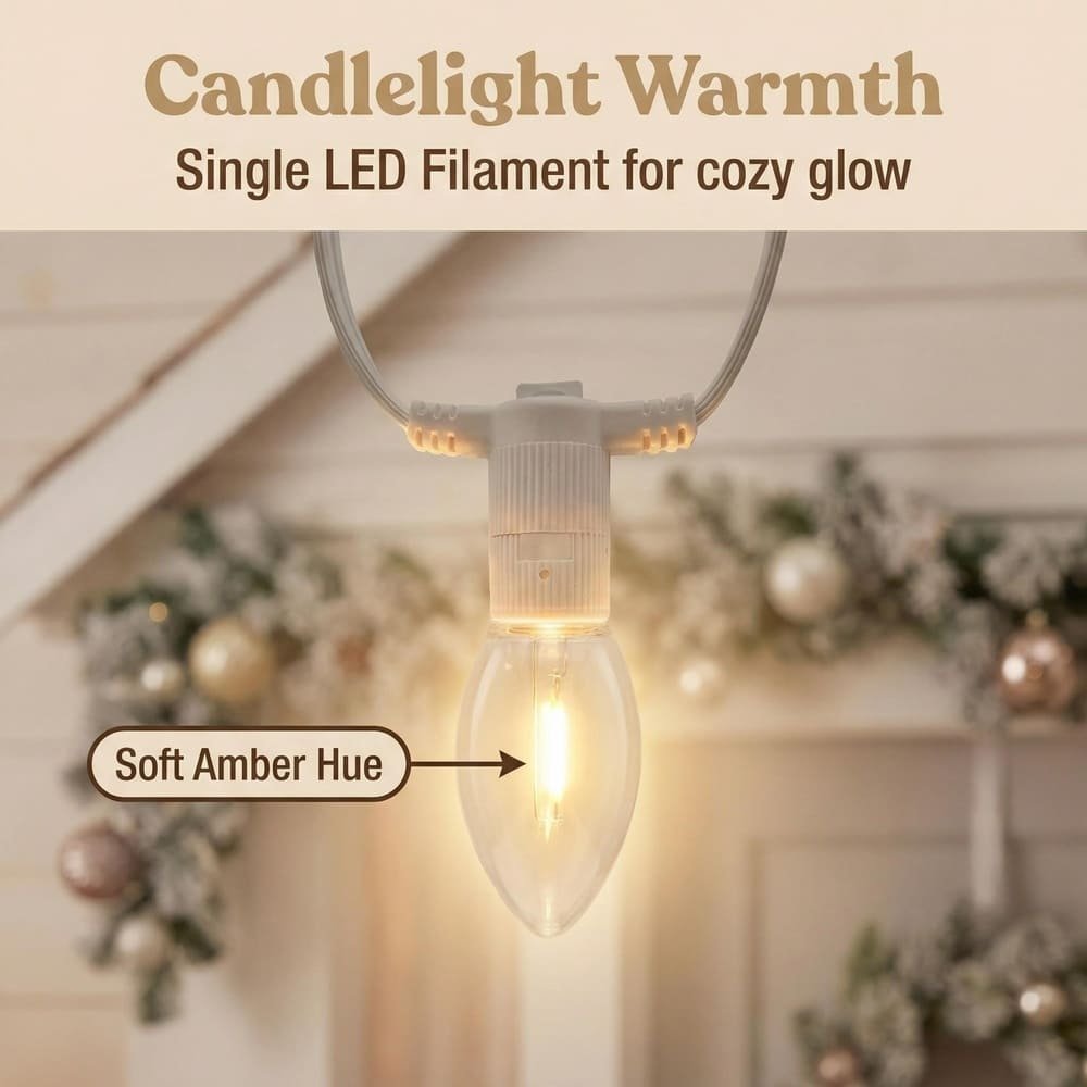 Soft amber hue C9 LED filament bulb providing warm candlelight warmth for holiday decor