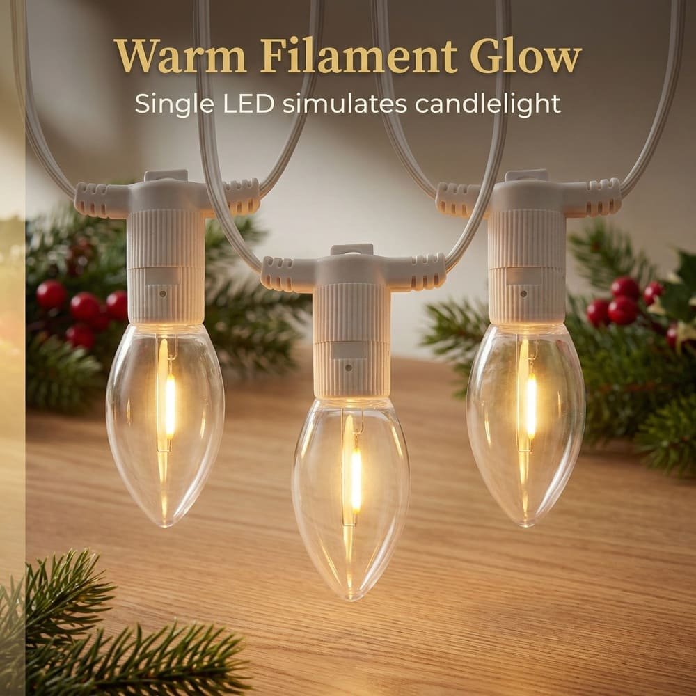 C9 LED filament string lights with warm candlelight glow for commercial Christmas holiday decoration