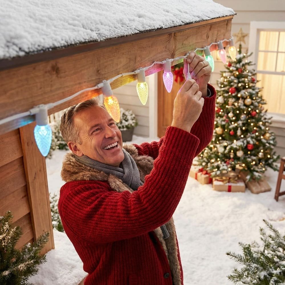 Man installing waterproof multicolor C9 LED string lights on snowy roofline