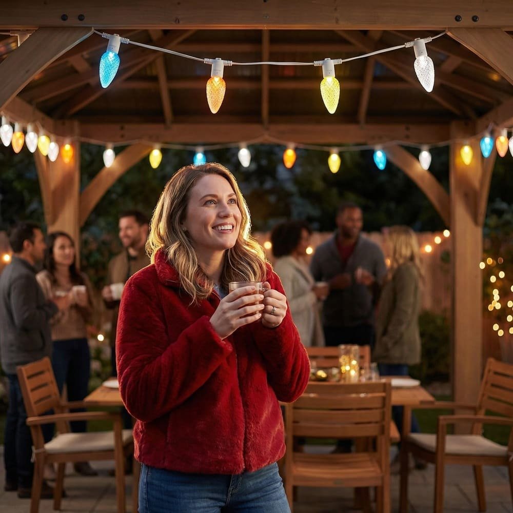 Festive outdoor gathering under waterproof multicolor C9 LED string lights on wooden patio gazebo