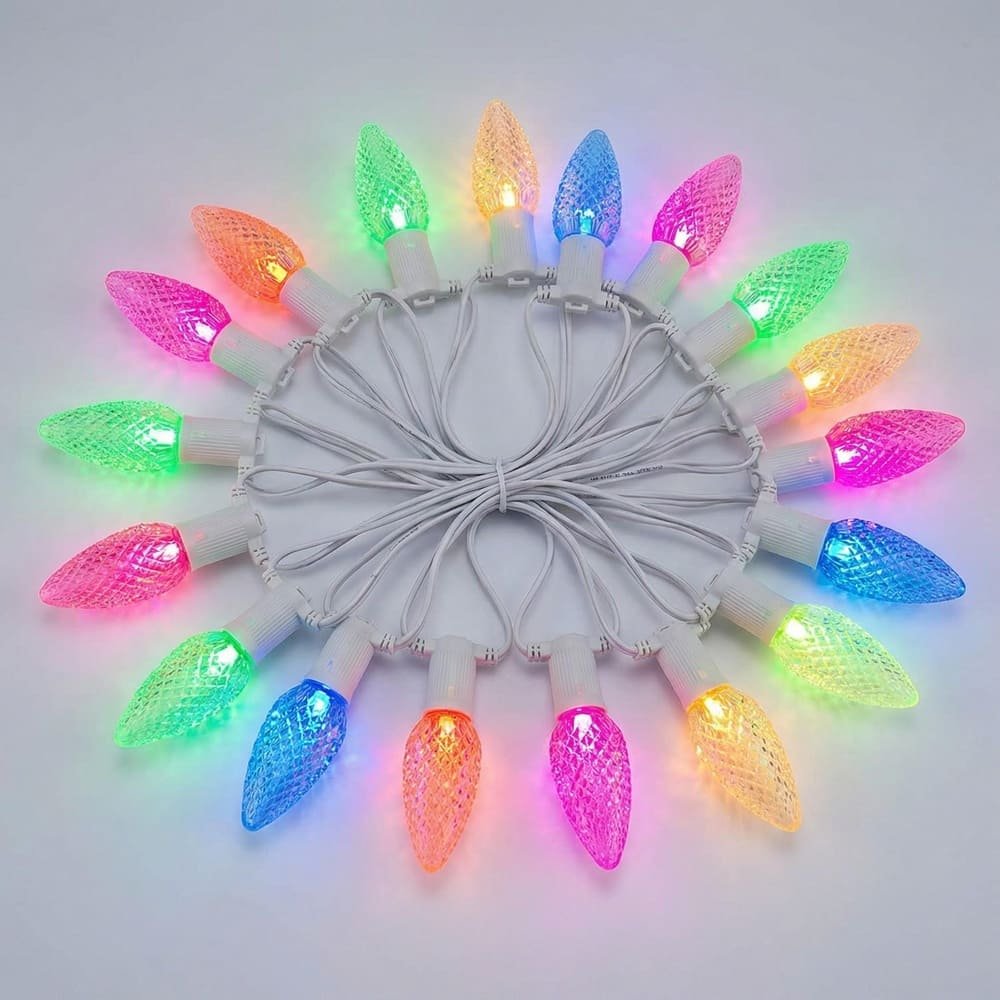 Multicolor faceted C9 LED string lights on white wire for festive holiday decoration