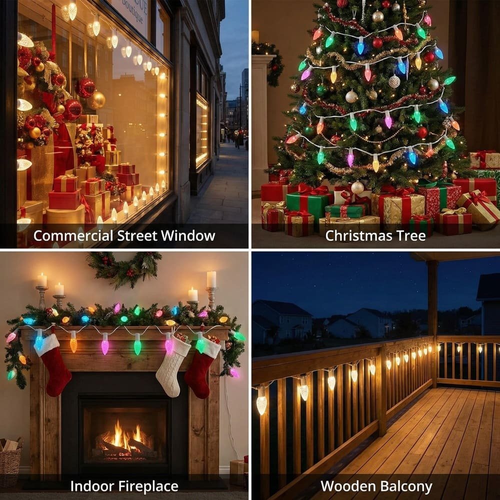 Four application scenes for C9 LED string lights: commercial window, Christmas tree, fireplace, and balcony