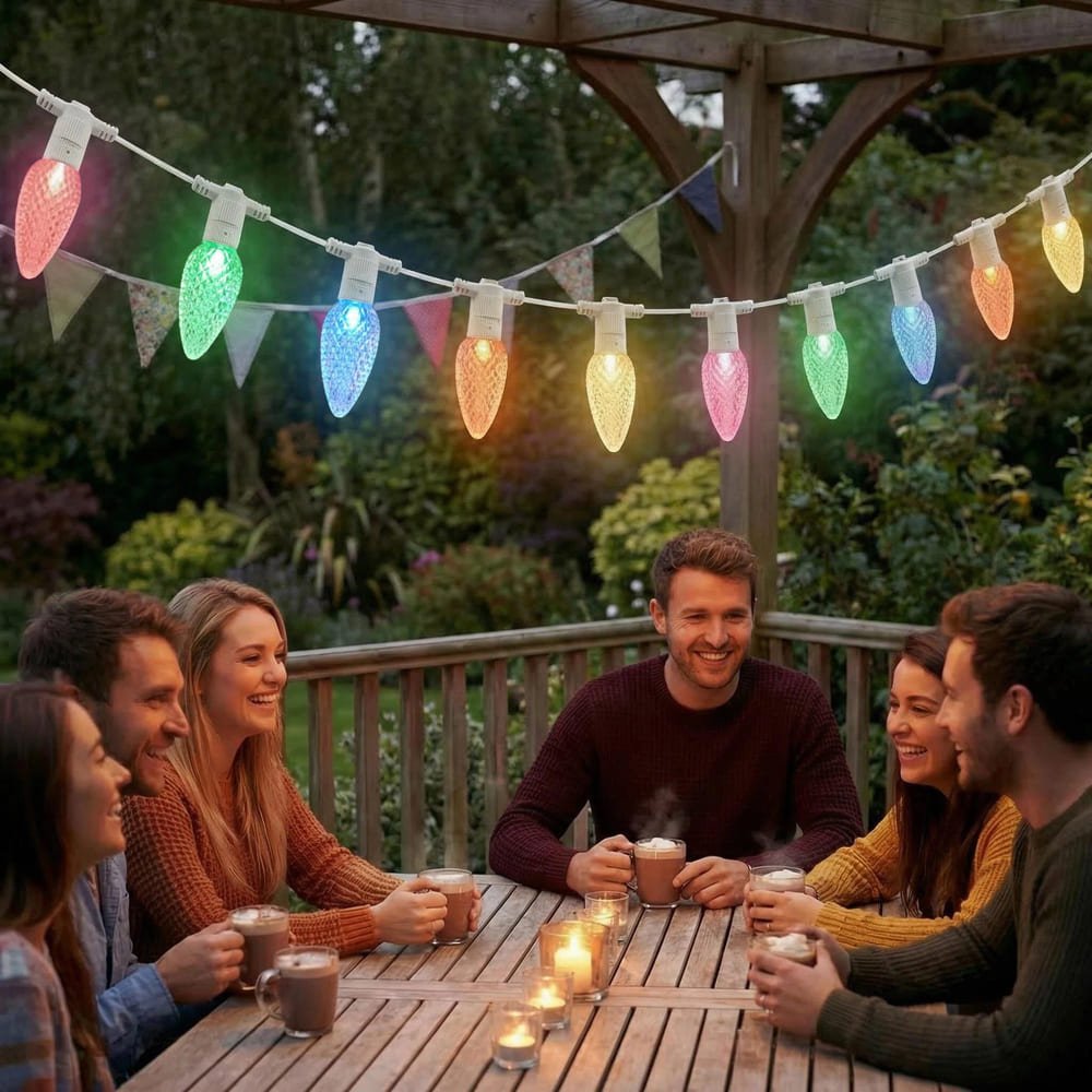 Multicolor faceted C9 LED string lights illuminating outdoor patio gathering for festive holiday decor