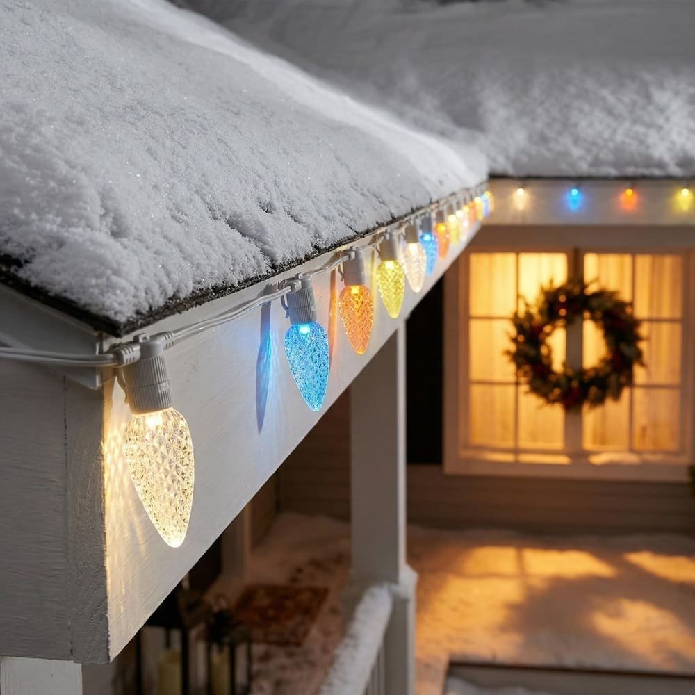 Multicolor commercial grade C9 LED string lights on snowy roofline for outdoor holiday display