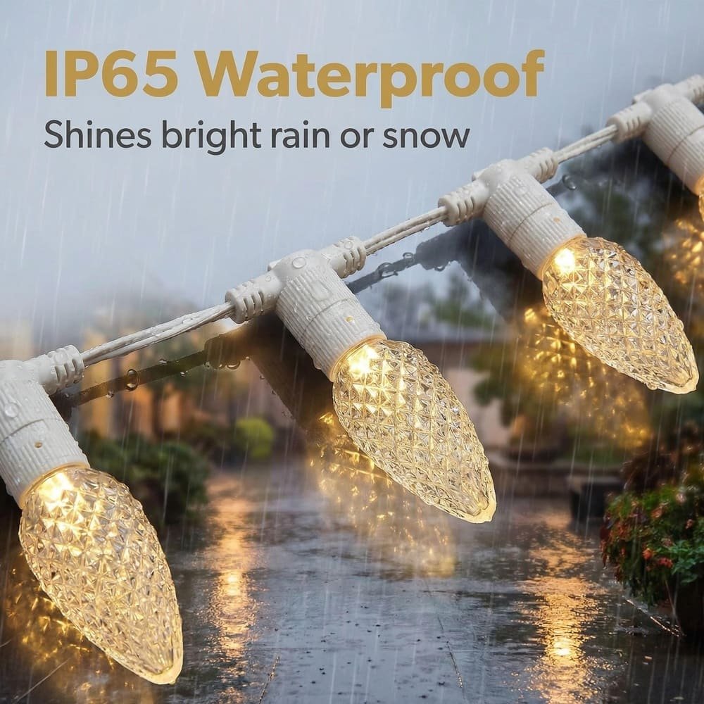 IP65 waterproof faceted C9 LED string lights shining brightly in heavy rain for outdoor use