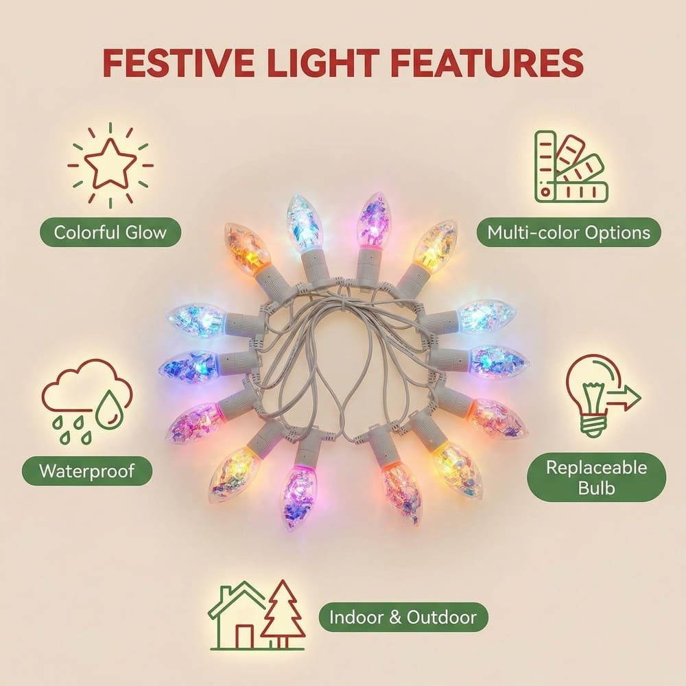 Infographic displaying features of waterproof multicolor C9 LED festive string lights with replaceable bulbs