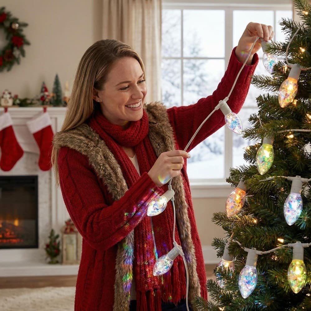 Woman placing multicolor holographic C9 LED string lights on indoor Christmas tree