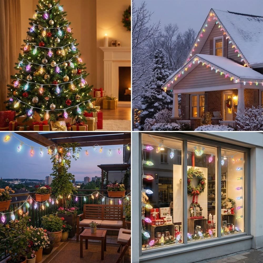 Versatile multicolor C9 LED string light applications for indoor, outdoor, and commercial holiday displays