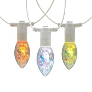 RGB C9 LED string lights with holographic reflective filament and dual-mount sockets