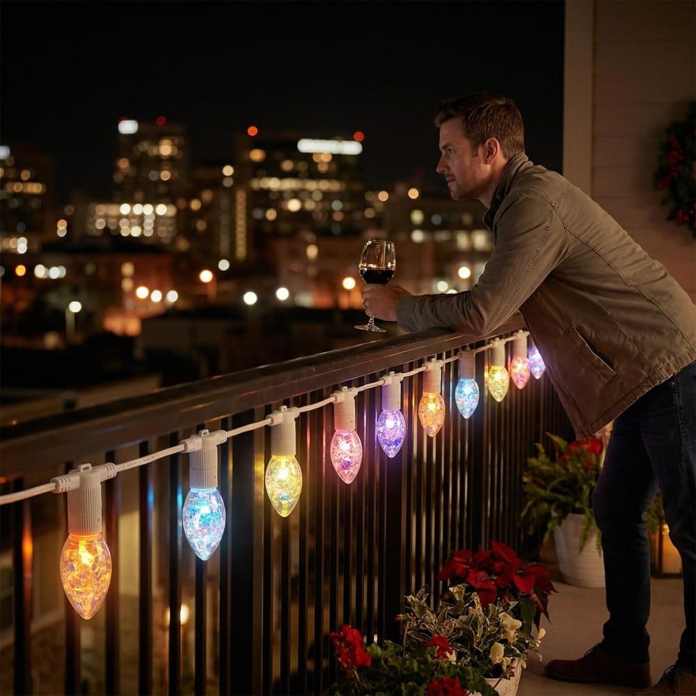 Multicolor holographic C9 LED string lights decorating an outdoor balcony railing for ambient lighting
