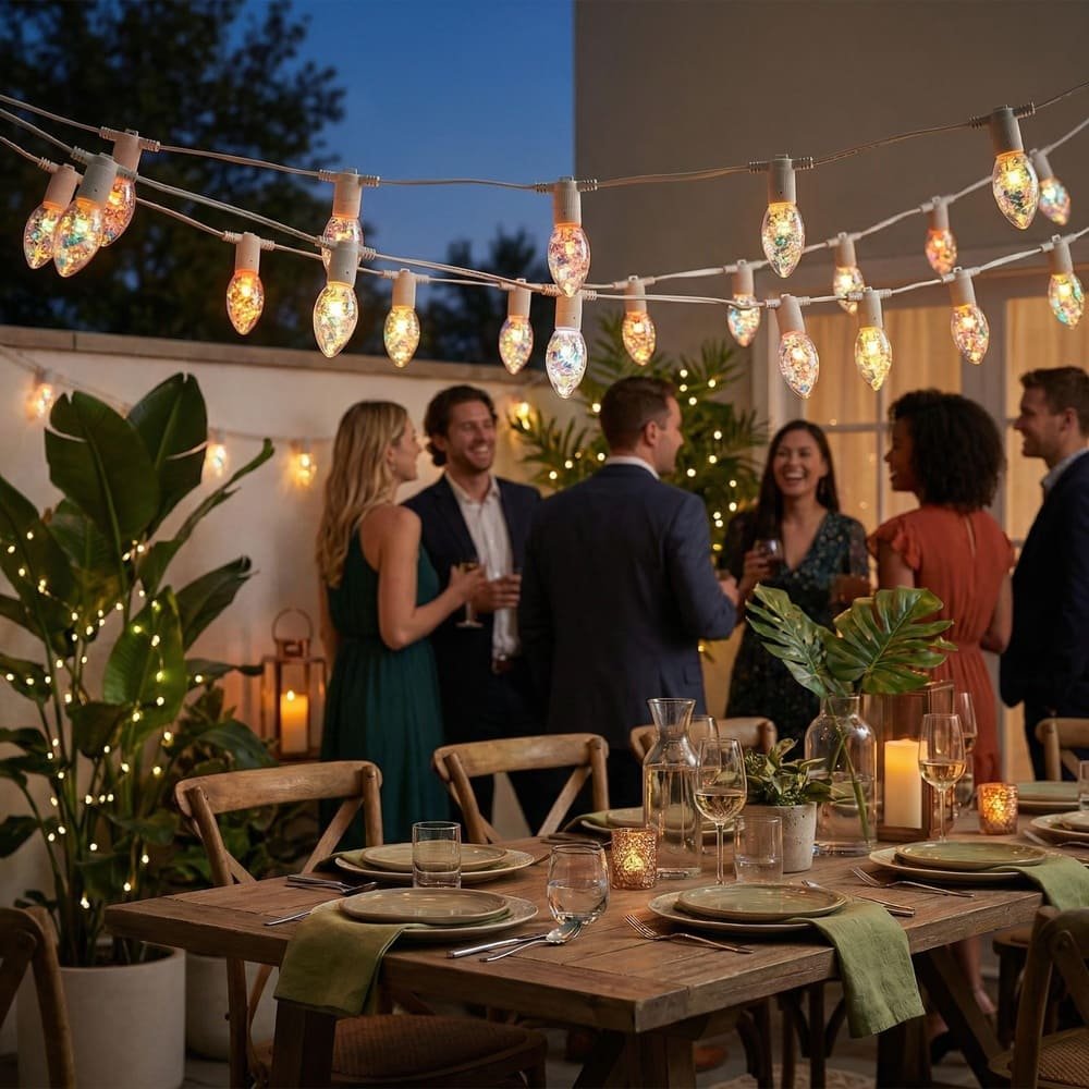 Holographic C9 LED string lights illuminating outdoor patio dinner party