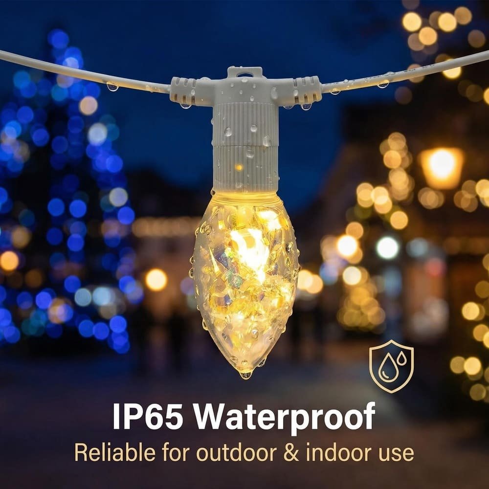 IP65 waterproof C9 LED bulb covered in rain droplets demonstrating outdoor weather resistance