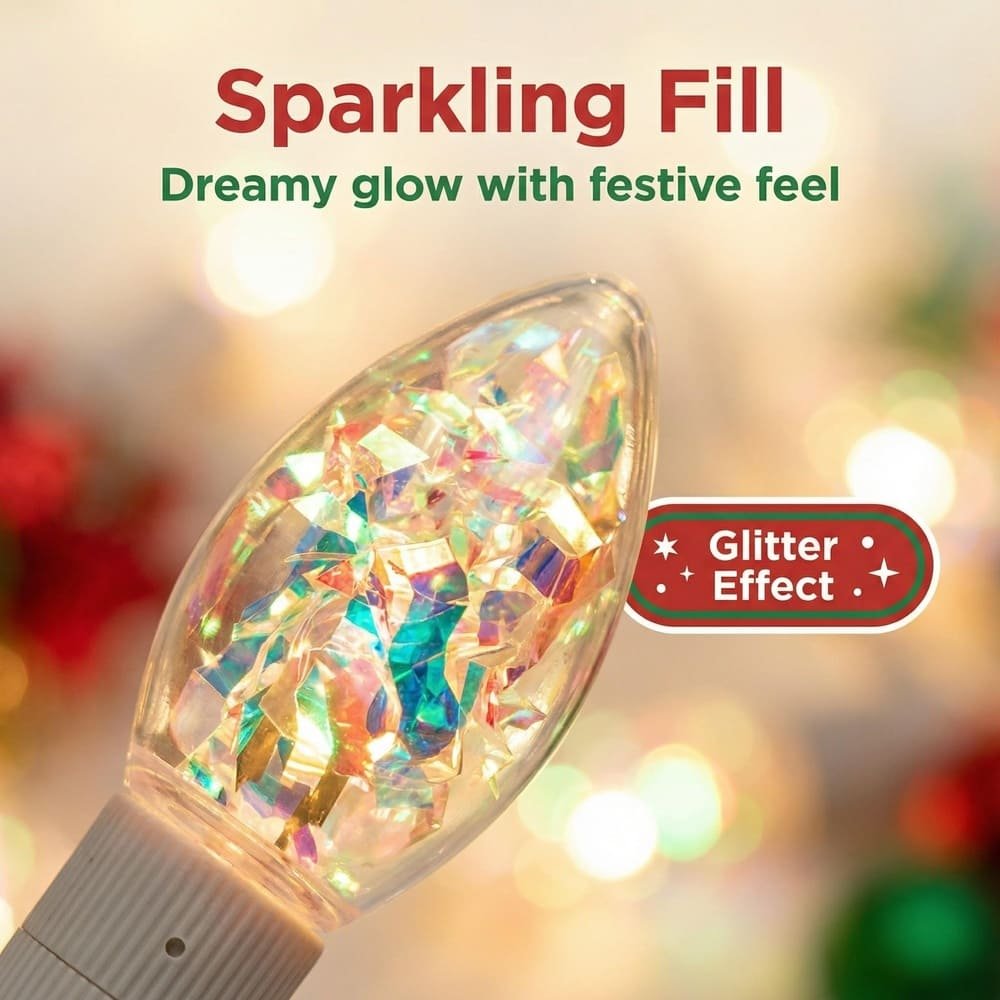 Close-up detail of holographic C9 LED bulb with sparkling glitter fill effect