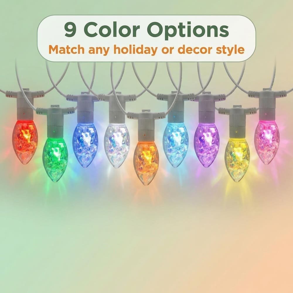 Holographic C9 LED string lights showing nine distinct color options for festive display
