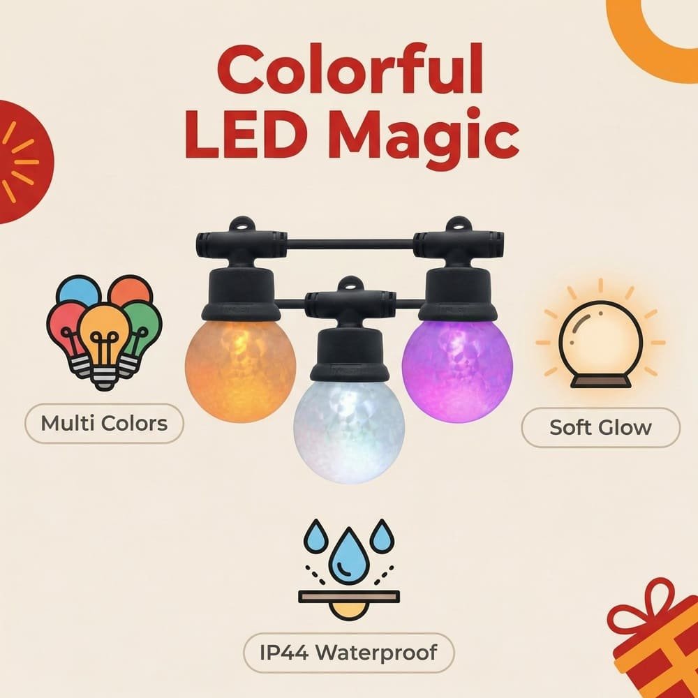 Features of commercial G50 RGB string lights: multi-color, soft glow, and IP44 waterproof rating