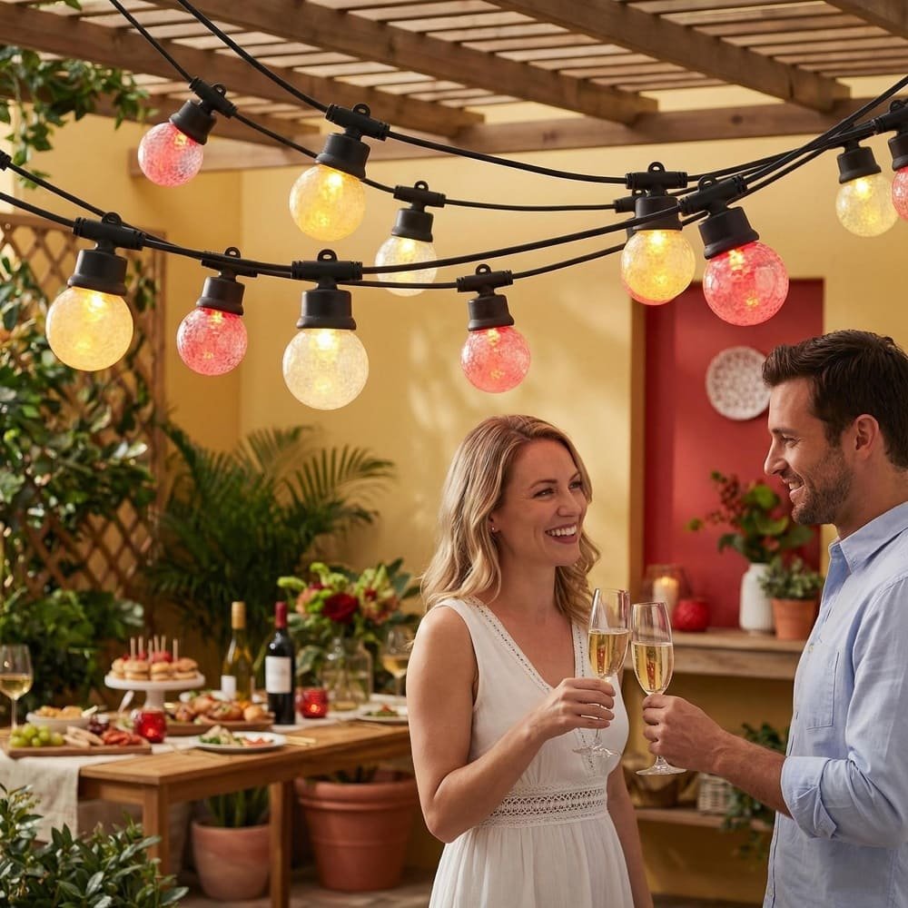 Decorative multicolor globe string lights creating festive atmosphere for outdoor patio celebrations
