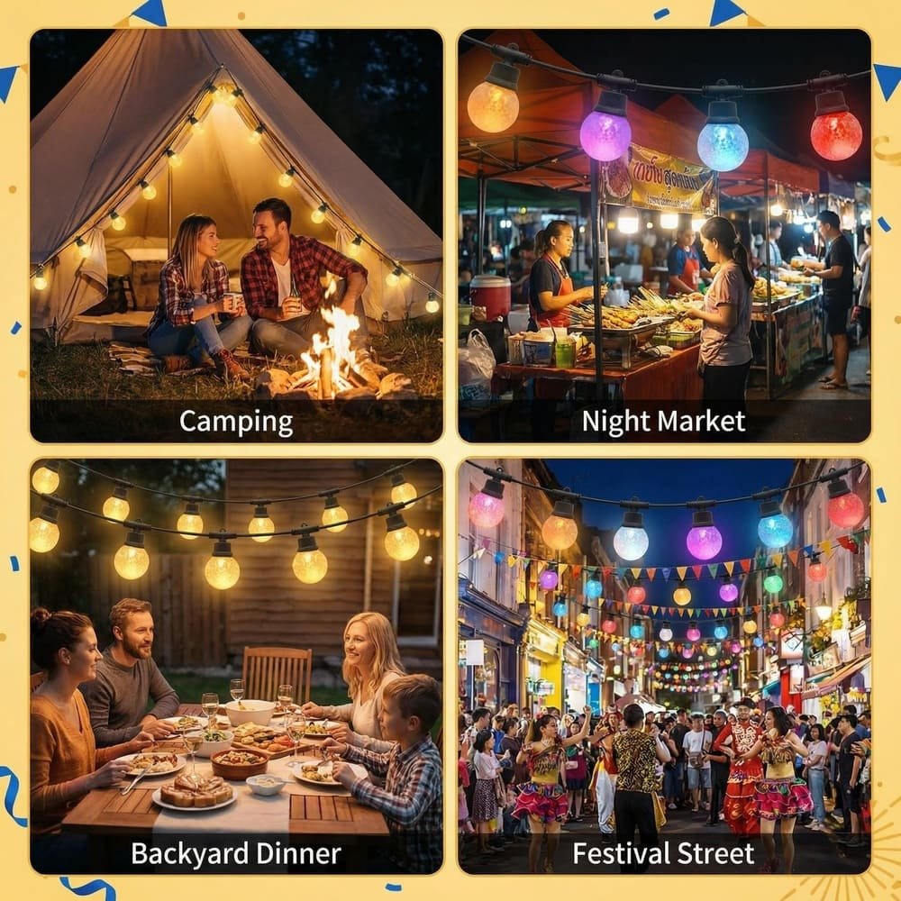 Versatile outdoor LED string lights usage for camping, night markets, backyards, and festivals