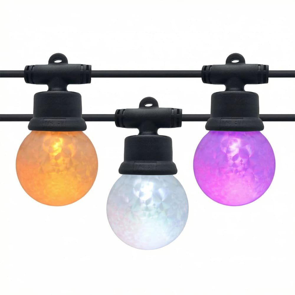 Shatterproof milky G50 RGB LED string lights with commercial black dual-mount sockets