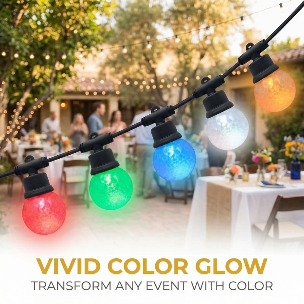 Vivid commercial G50 RGB string lights glowing at an outdoor backyard party event