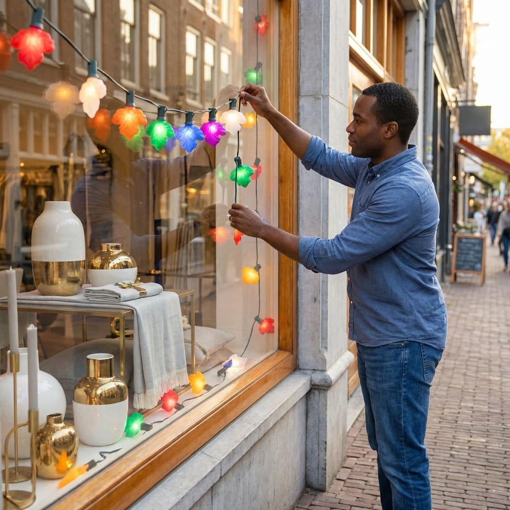 Man installing multicolor maple leaf LED string lights on commercial storefront window for holiday display